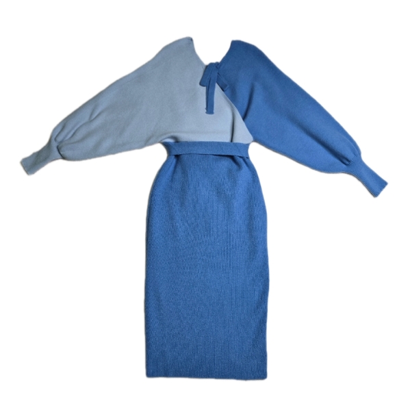 NWOT Theenkoln Womens Wrap Blue Sweater Dress with Belt, Small - Picture 5 of 7